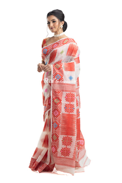 White And Red Reshom Silk Dhakai Jamdani Saree With Contrast Color Thread Weaving Work On All Over Base (KR2235)